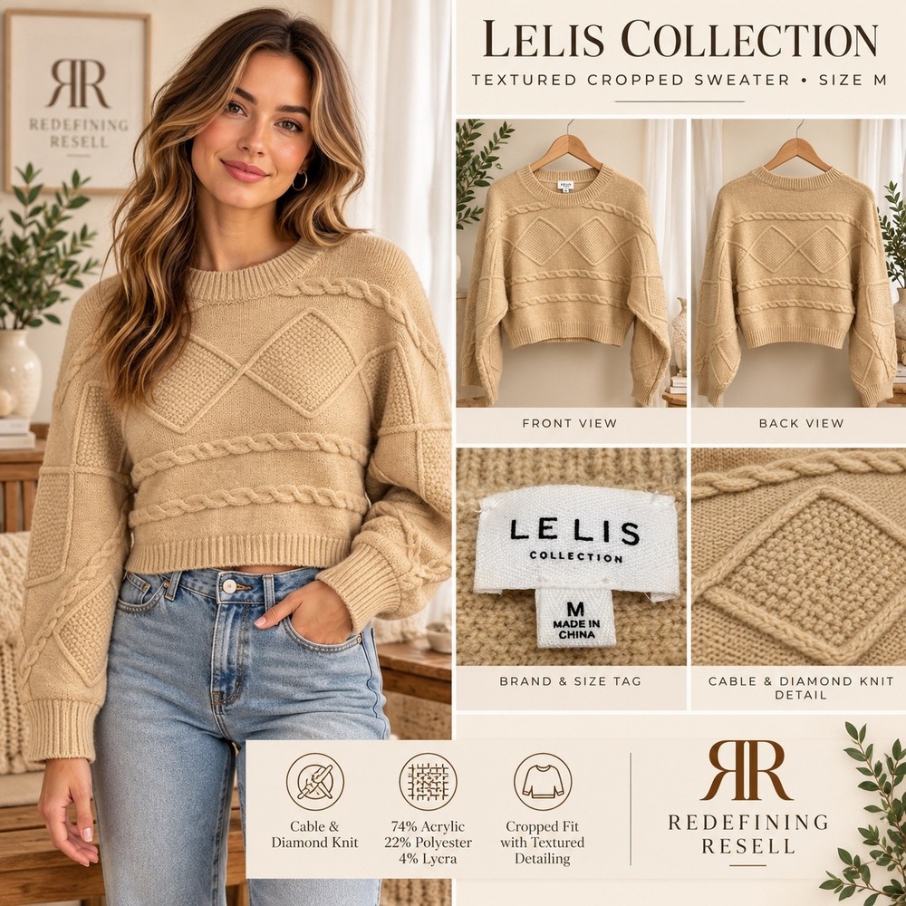 Le Lis Collection Tan Beige Cable Diamond Textured Cropped Sweater M MWT3329